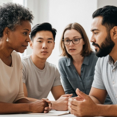 A diverse group of people engaged in a thoughtful discussion, symbolizing community advocacy and ongoing conversations about justice