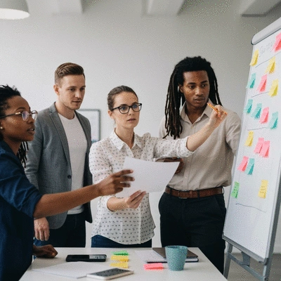 Business team collaborating on strategic planning with a whiteboard and sticky notes