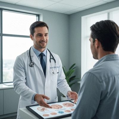 Medical professional explaining brain health and aneurysm risk factors to a patient in a modern healthcare setting