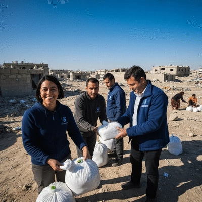 Humanitarian aid workers distributing supplies in a conflict-affected zone, diverse people, 8K, no text, no words, no typography, clean image