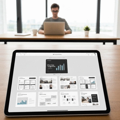 Digital tablet displaying pitch deck templates with an entrepreneur working in the background