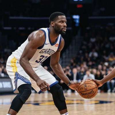 Draymond Green in a defensive stance on a basketball court, focused and intense, no text, no words, no typography, 8K