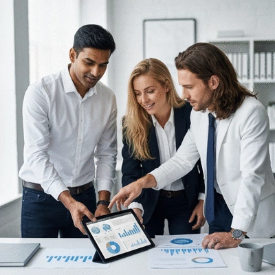 Professional business people collaborating on a digital transformation project with a tablet and charts