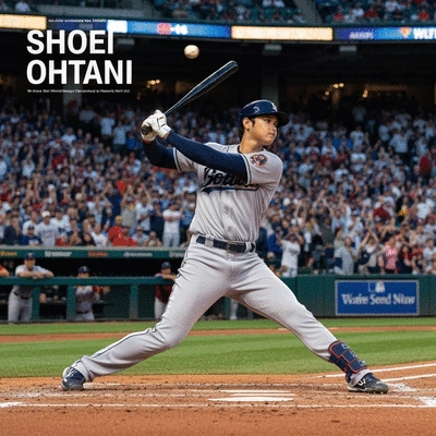 Shohei Ohtani hitting a home run in a packed baseball stadium during the World Series, dynamic action shot