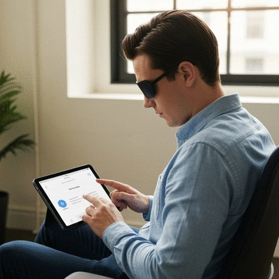 Person using a screen reader on a tablet, focusing on accessibility features, clean modern interface, no text, no words, no typography, 8K