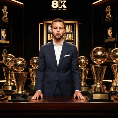 Steph Curry in an NBA Hall of Fame setting, surrounded by accolades, looking accomplished, no text, no words, no typography, 8K