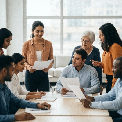 Diverse group of community advocates collaborating on educational reform documents, bright and modern office, no text, no words, no typography, clean image