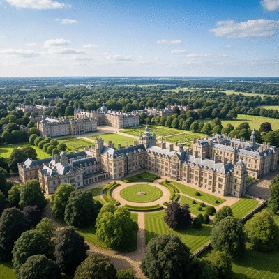 Aerial view of a sprawling royal estate with historic buildings and lush landscapes