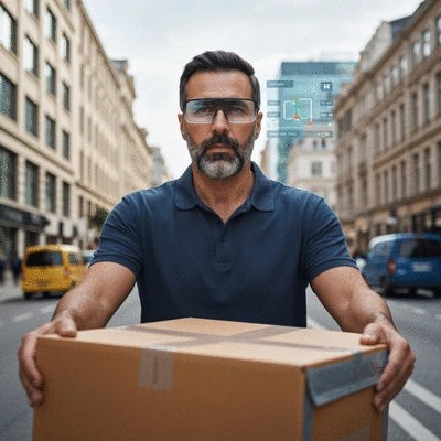 Delivery driver wearing smart glasses with heads-up display showing navigation and package info