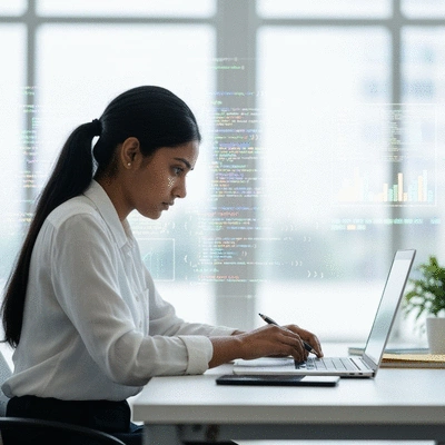 Person studying C++ code on a laptop with abstract programming concepts in the background