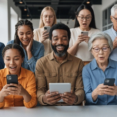 Diverse group of people engaging with social media on smartphones and tablets, reactions to Miss USA pageant, vibrant and modern setting, photorealistic, no text, no words, no typography, 8K