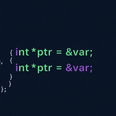Stylized C++ code snippet demonstrating pointer declaration and initialization