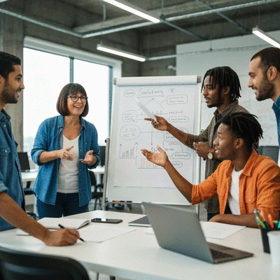 Diverse startup team brainstorming solutions in a collaborative modern office, whiteboard with ideas, energetic atmosphere