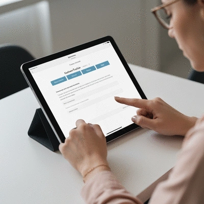 Customer feedback survey being filled out on a tablet, clean modern aesthetic, hands holding tablet, no text, no words, no typography, 8K