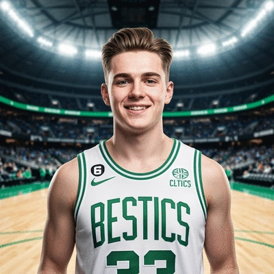 Young fan wearing a Boston Celtics jersey with blurred stadium background