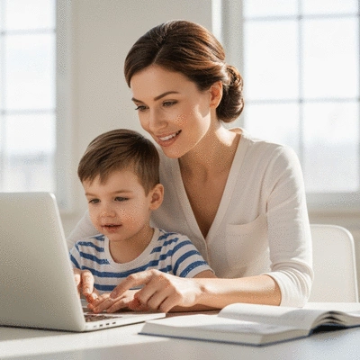Mother and child setting up parental controls on a laptop, bright, clean, modern home environment