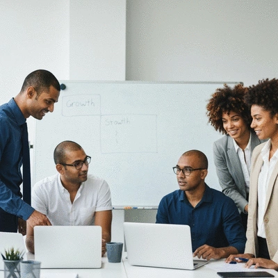 Modern office space with diverse team collaborating on growth strategies, no text, no words, no typography, clean image