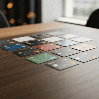 Diverse credit card portfolio spread out on a table, representing strategic financial management