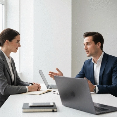 Professional consultation meeting discussing digital marketing strategies, showing a client and a Lauer Media representative engaged in conversation