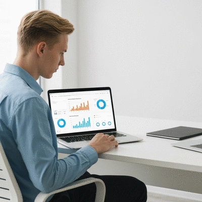 WordPress developer analyzing website performance data on a laptop, with charts and graphs on screen, clean office background, no text, no words, no typography, 8K