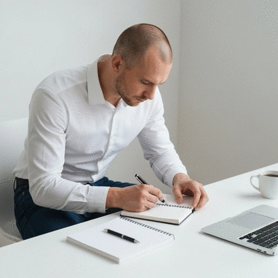 Product manager using first principles thinking to break down a complex problem into fundamental components, clean image