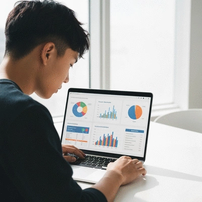 Person researching audience demographics on a laptop, with charts and graphs on screen