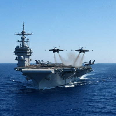 USS George Washington aircraft carrier conducting combat operations, F-18 fighter jets taking off