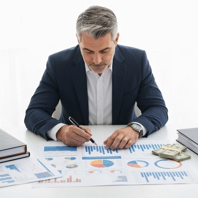 Person planning financial future with a strategy board and money