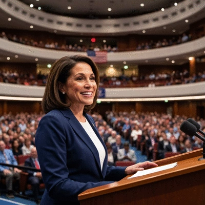 Erika Kirk, a political figure, engaging in a public speech, with a diverse audience in the background, representing her role in conservative politics and advocacy for free speech, no text, no words, no typography, 8K