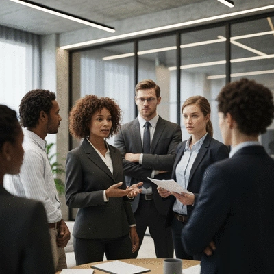 Diverse group of professionals discussing workplace policies and social event guidelines in a modern office setting