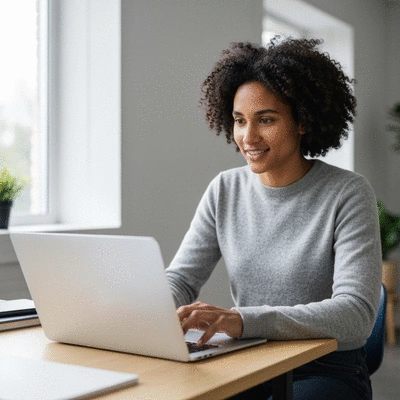 Professional responding to customer reviews on a laptop, showing positive and negative feedback