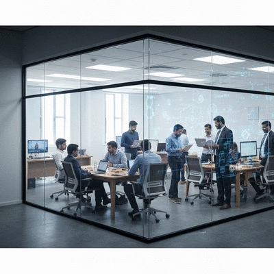 Business leaders collaborating in a modern office, discussing quantum technology, with a holographic display of data