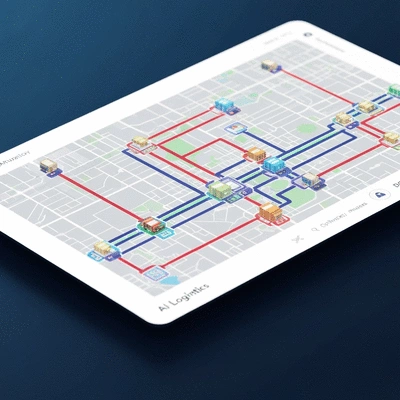 Complex network of delivery routes optimized by AI on a digital map interface