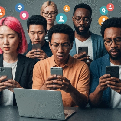 A diverse group of people engaging with social media on various devices (phones, tablets), showing reactions like thoughtful expressions and debate, with abstract social media icons subtly overlayed, representing the amplification of political controversies, no text, no words, no typography, 8K