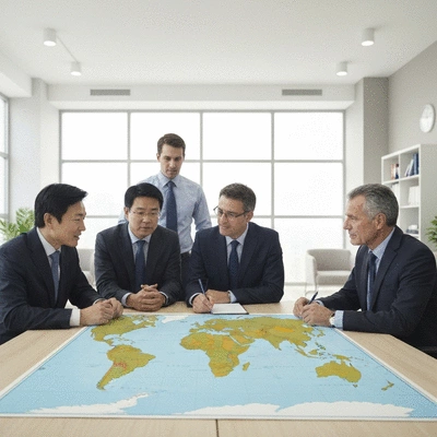Diverse group of international leaders collaborating around a global map, signifying multilateralism and global governance. Office meeting setting, bright, professional.