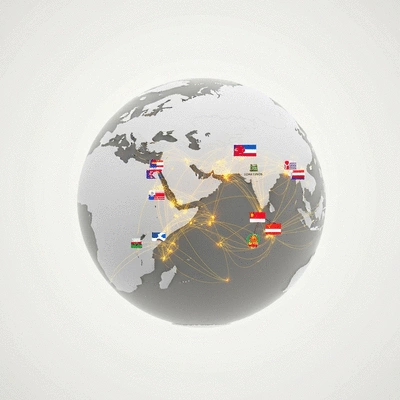 Stylized globe showing trade routes between USA and China, representing economic interdependence