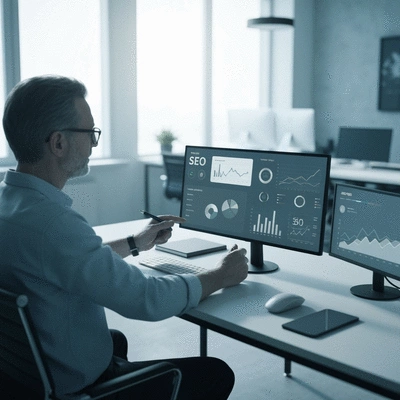 Person analyzing SEO metrics on a dashboard