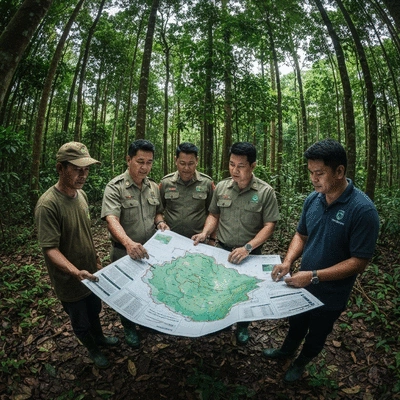 Local villagers and forest officials collaborating on a conservation project, looking at a map in a forest