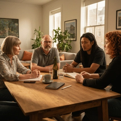 A diverse group of people engaged in a thoughtful discussion, perhaps in a community meeting or a casual gathering. The setting should be bright and inviting, encouraging open dialogue. Focus on expressions of active listening and respectful debate. The image should convey a sense of unity and collaborative spirit, no text, no words, no typography, no labels, clean image