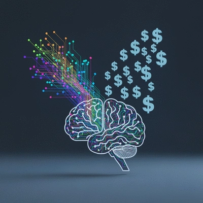 Abstract depiction of a successful AI Python script, showing data flowing into a stylized brain icon and money symbols, clean, no text, no words, no typography, 8K
