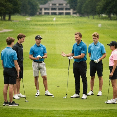Cody Franke interacting with golf students on a practice green