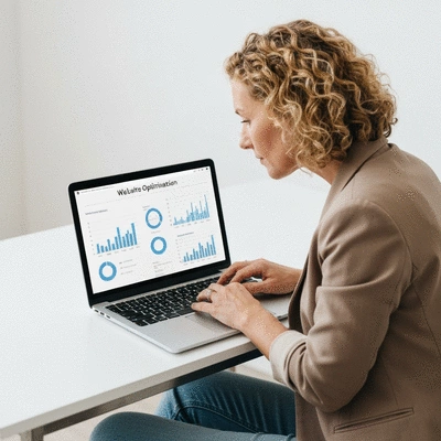 Digital marketing professional working on a laptop, showing website optimization, clean image, no text, no words, no typography, no labels, clean image