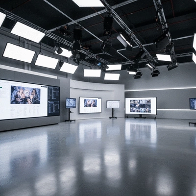 Modern TV series production studio, clean, high tech