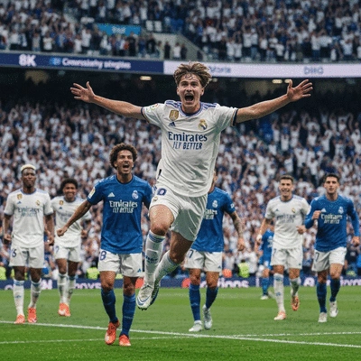 Jude Bellingham celebrating his first goal for Real Madrid, surrounded by cheering teammates in a packed stadium, vibrant atmosphere, no text, no words, no typography, clean image