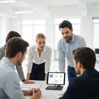 Professional investor meeting with a startup founder presenting a pitch deck on a tablet, modern office setting, bright lighting