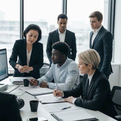 Diverse group of professionals collaborating on legal documents in a modern office