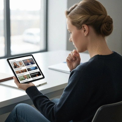 Person looking thoughtfully at a tablet displaying news headlines, representing media consumption and critical thinking