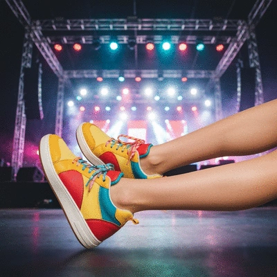 Close-up of stylish sneakers on a young person, with a blurry background of a concert stage, no text, no words, no typography, clean image, 8K