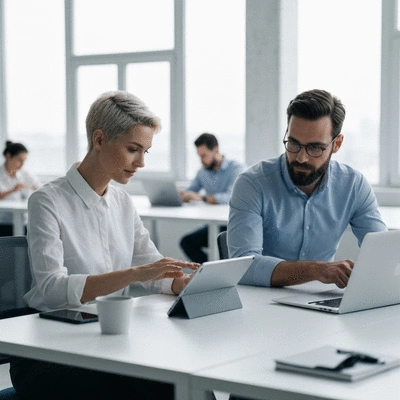 Modern office workers collaborating on AI-driven solutions