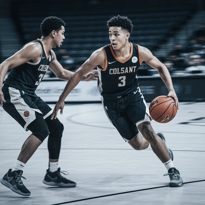 Basketball player dribbling during a game, dynamic action shot